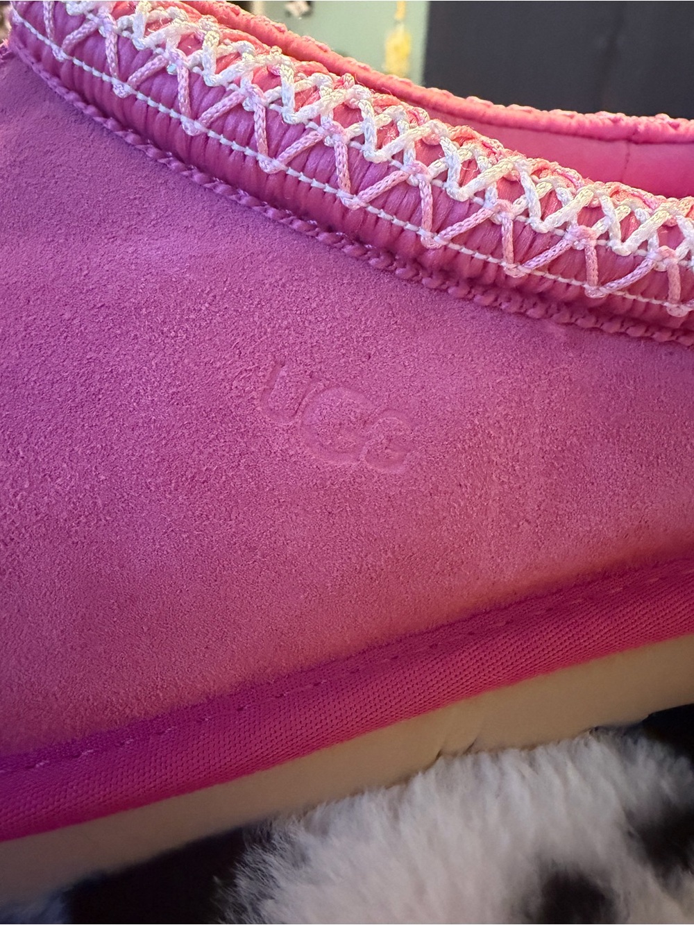 UGG Hot Pink Suede Slip-On with Crochet Trim